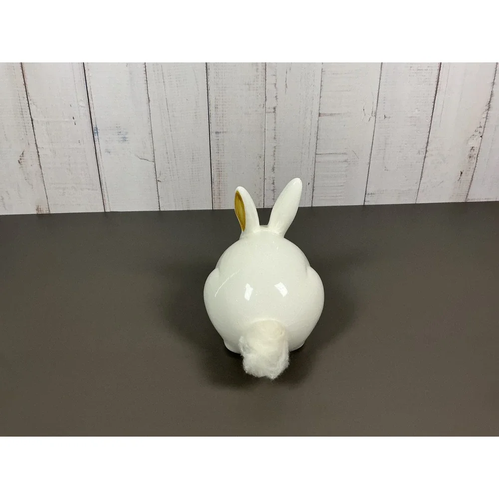 Vintage White Ceramic Bunny Rabbit Figurine Fluffy Tail Hand Painted Gold Ears